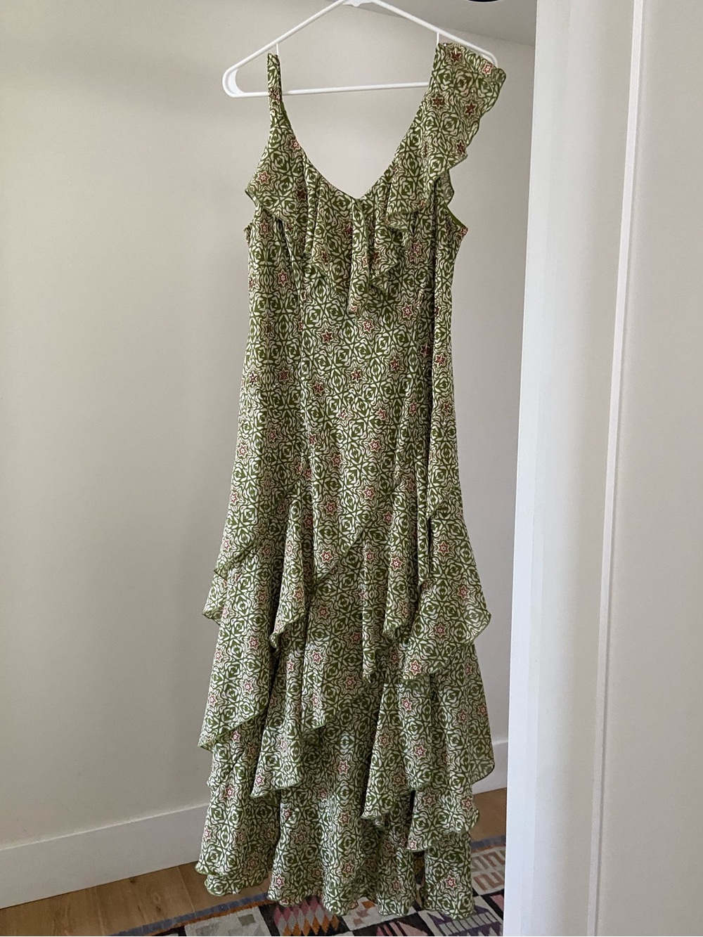 Signature by Robbie Bee Olive Green Printed and Sequin Ruffle Maxi Dress